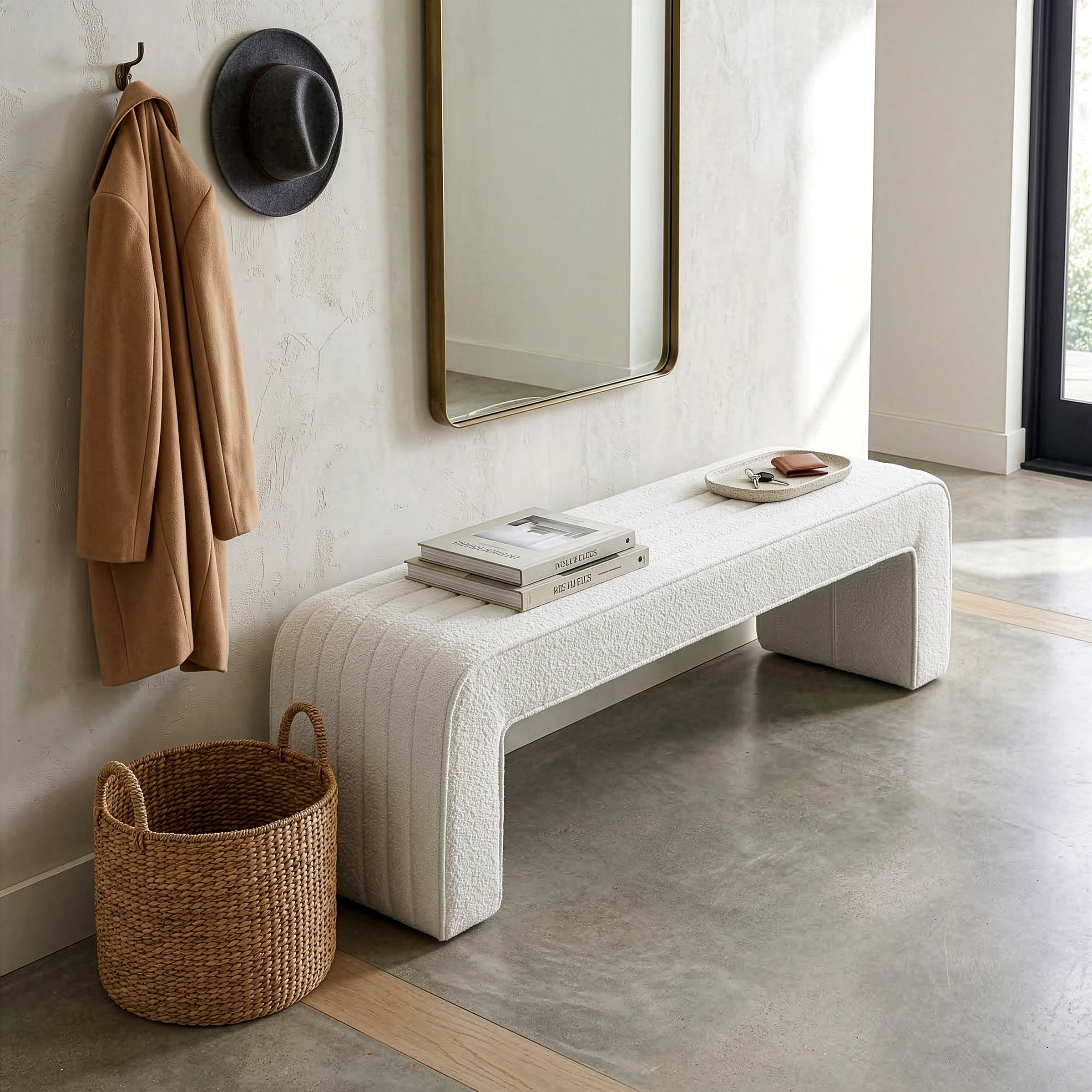 Benicia White Boucle Upholstered Fabric Tufted Bench