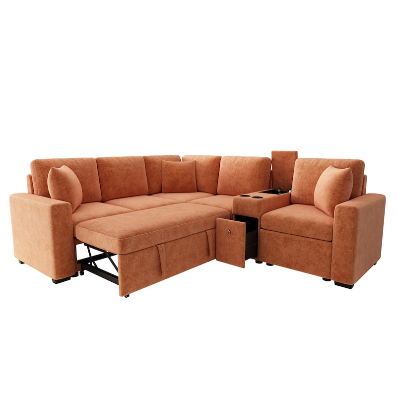 L-Shaped Modular Sectional Sofa with Pull-Out Bed, Chenille Convertible Sleeper Sofa Bed with Cup Holders & Multiple Storage
