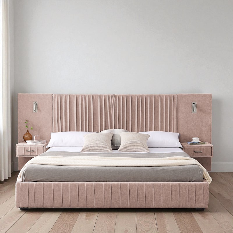 King Upholstered Platform Bed with Pleated Chenille Headboard, Built-in Bedside Table & Adjustable Lamps, No Box Spring - Pink - King