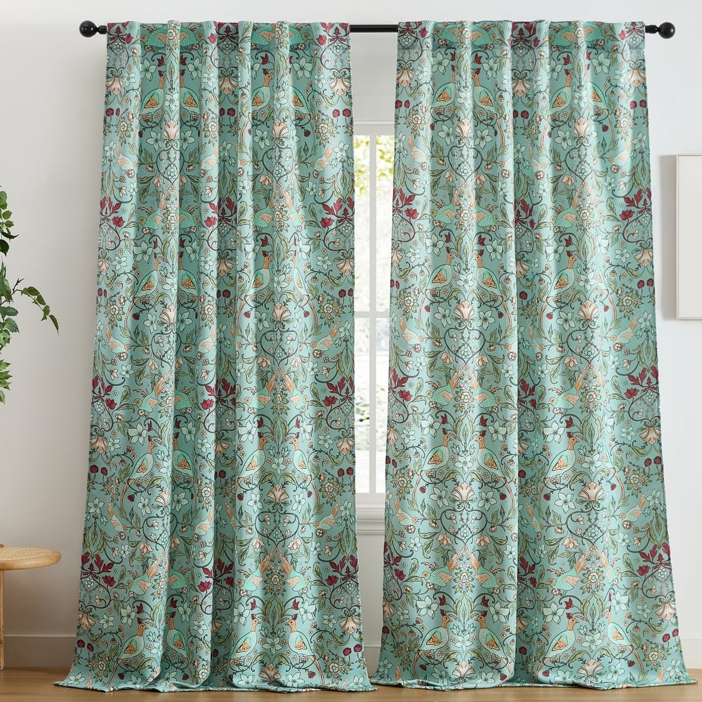HLC.ME Florence Floral & Birds Window Back Tab Rod Pocket Curtains - Light Blocking Darkening Window Panels, Set of 2