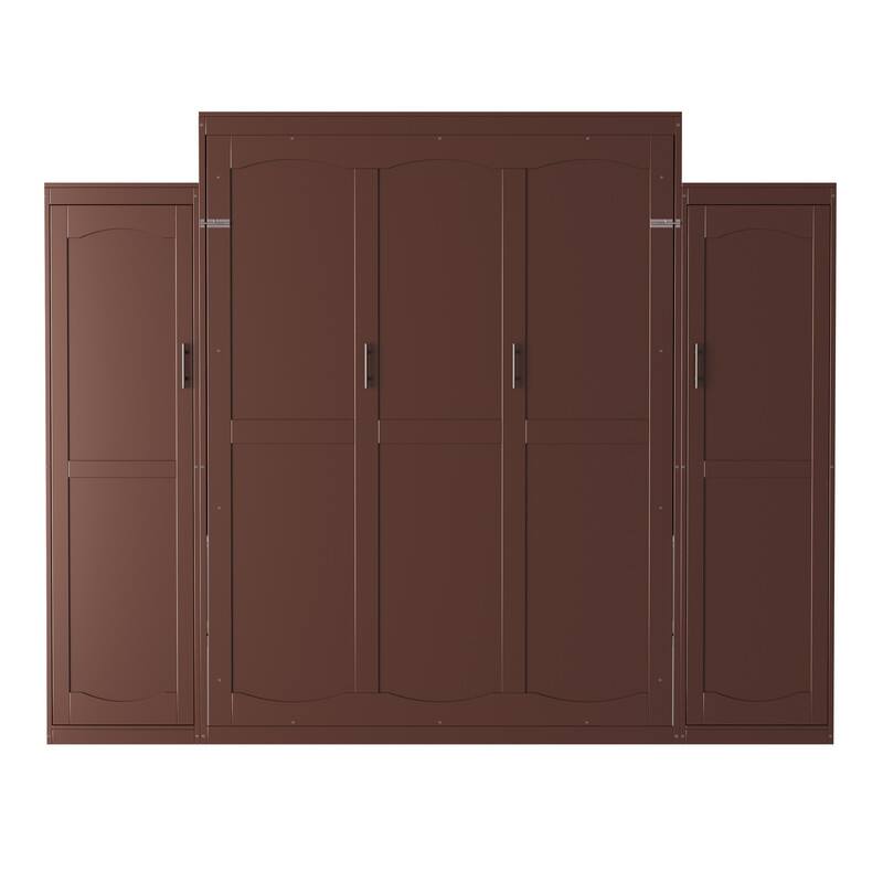 Full Size and Queen Size Murphy Bed, Wooden Queen Wall Bed with 2 Wardrobe and Storage Shelf