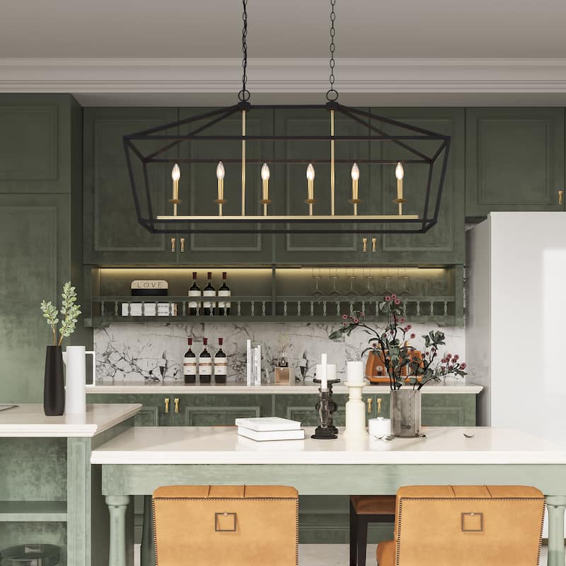 Finnick Mid-century Modern 6-light Rectangle Kitchen Island Lights Lantern Candle Chandelier - 49 inches