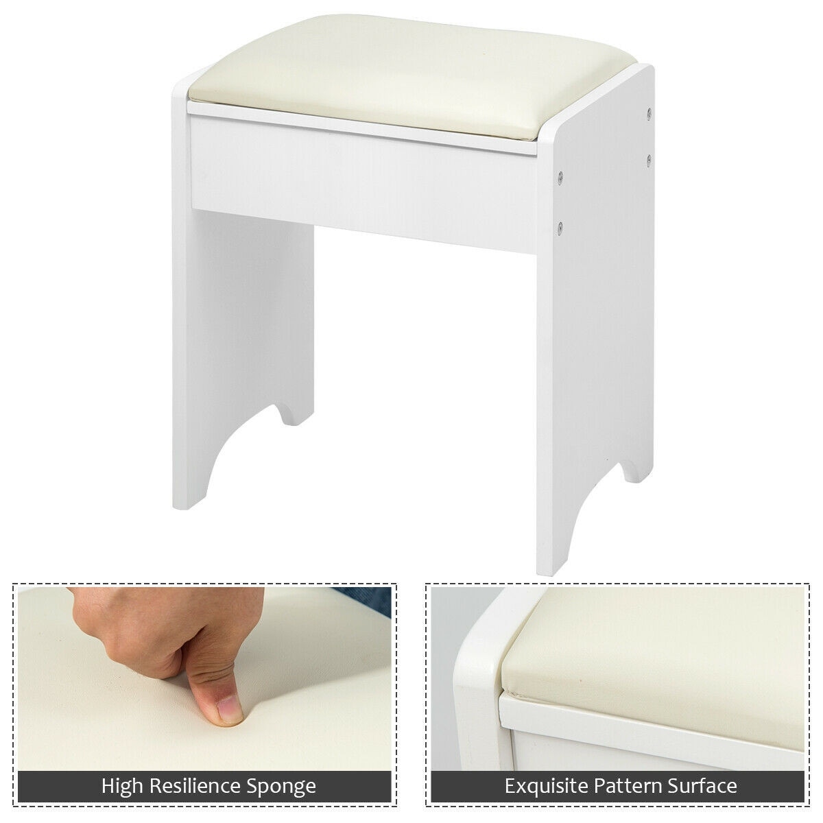 Removable Divider 3 Hooks 2 Storage Shelves White Leaning Vanity Set Makeup Dressing Table And Cushioned