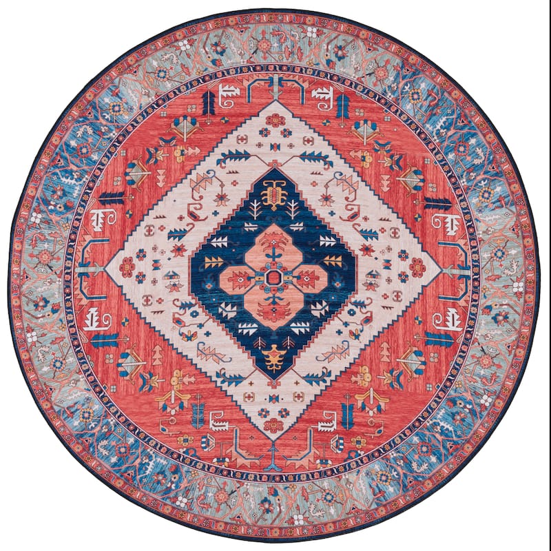 SAFAVIEH Tucson Machine Washable Slip Resistant Dorcas Oriental Medallion - 4' x 4' Round - Rust/Blue