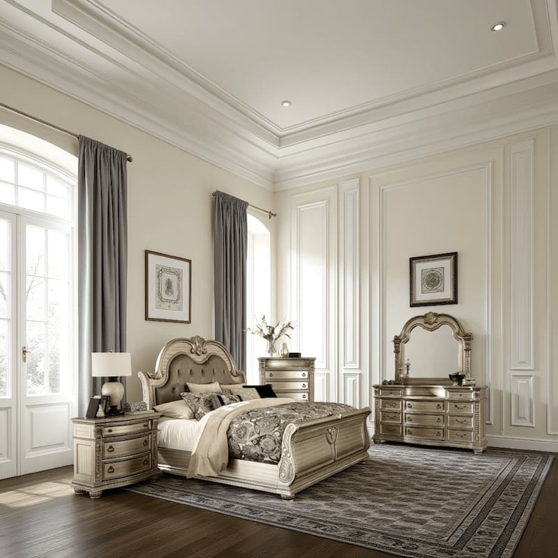 Caitlin Four Pc Queen Bedroom Set, Tufted Faux Leather Headboard, Marble Tops, Silver
