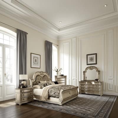 Caitlin Four Pc Queen Bedroom Set, Tufted Faux Leather Headboard, Marble Tops, Silver