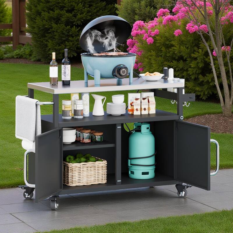 54.5" Outdoor Kitchen Island with Stainless Steel Tabletop, Metal Grill Cart with Storage Cabinet, Spice Rack & Lockable Wheels