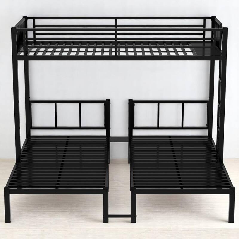 Triple Bunk Bed,Metal Twin Over Twin & Twin Beds with Ladder, Guardrails, Shelf & Table, Convertible L-Shaped Design