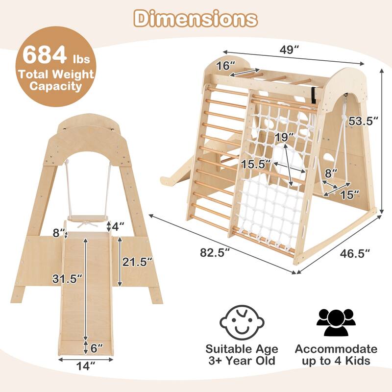 8-in-1 Indoor Jungle Gym Wooden Playground with Swing and Climbing Wall-Natural - Multi