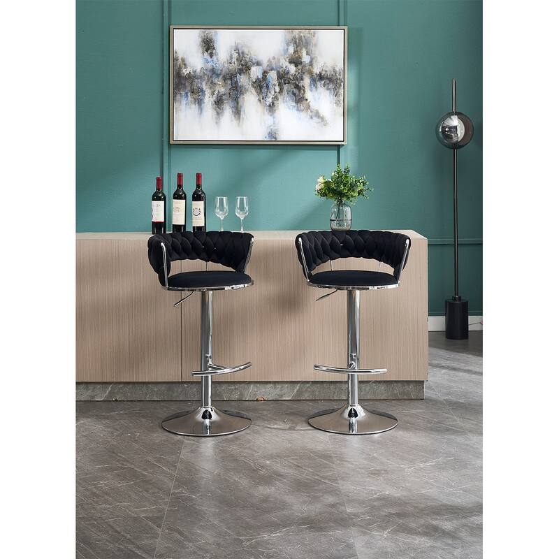 Set of 2 Bar Stools,with Chrome Footrest and Base Swivel Height Adjustable Mechanical Lifting Velvet + Chrome Leg - Black