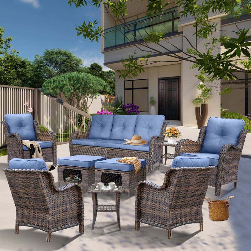 High Back Brown Wicker Outdoor Patio Conversation Seating Sets - 9 Piece - Denim Blue