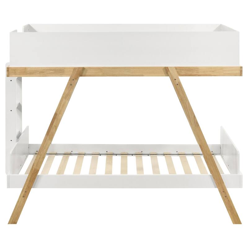Twin over Twin Wood Bunk Bed with Built In Ladder and Guardrail, Rustic Style Kids Bunk Bed, Wooden Twin Bunk Bed Frame - White - Twin