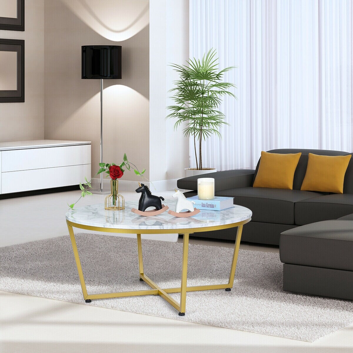 Shop Gymax Modern Round Coffee Table Faux Marble Top W Gold Metal