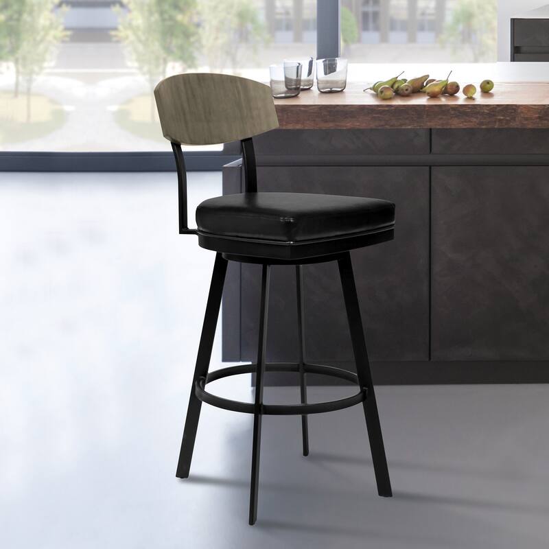 30" Modern Black Fabric Bar Stool with Matte Iron Frame and Footrest Wooden Back Support for Kitchen - 40”H x 19”W x 24”D