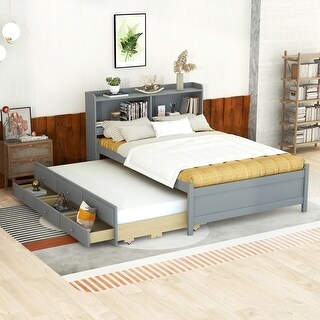 Full Captain Bed with Type-C USB Ports & LED Headboard & Trundle, Grey