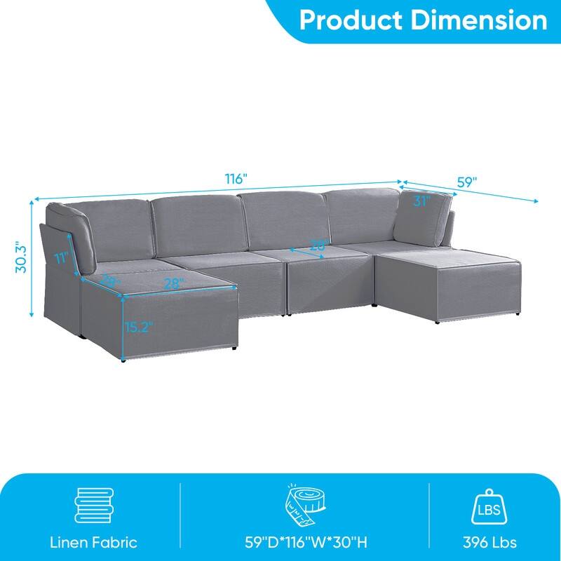 Mixoy Oversized Modular Sectional Sofa, U/L-Shaped Couch with Deep Seat, Ottoman, Convertible Modern Linen Sleeper Sofa Bed
