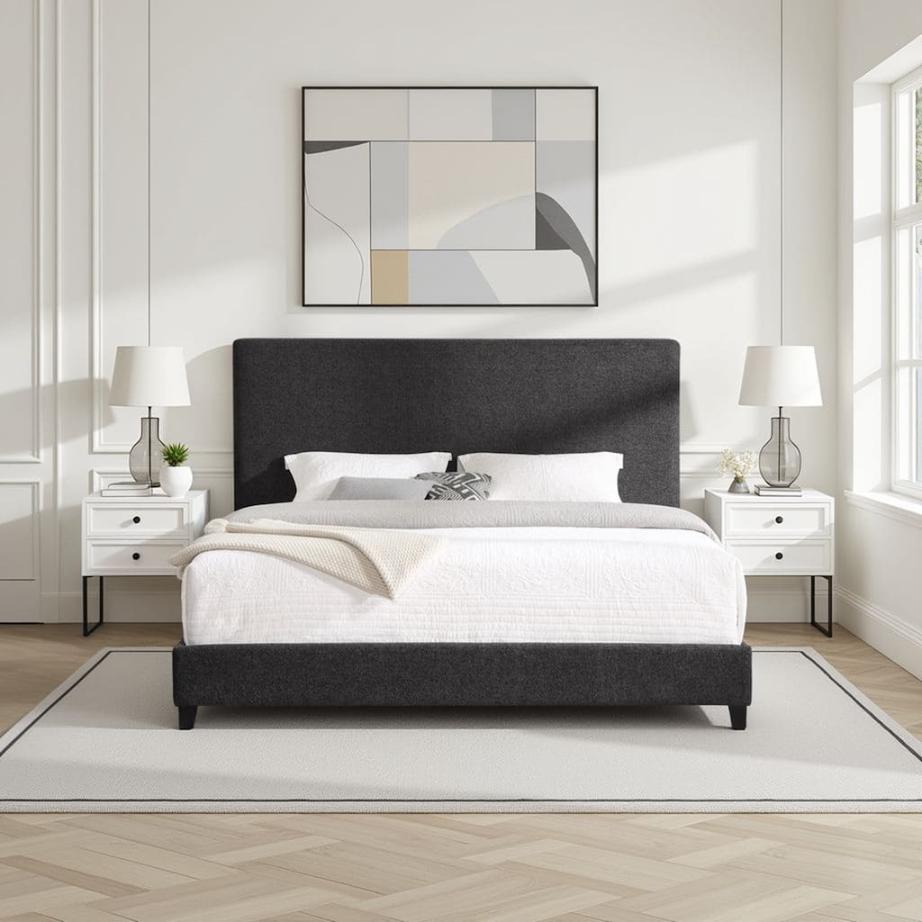 Charcoal Grey Upholstered King Size Platform Bed with Padded Headboard
