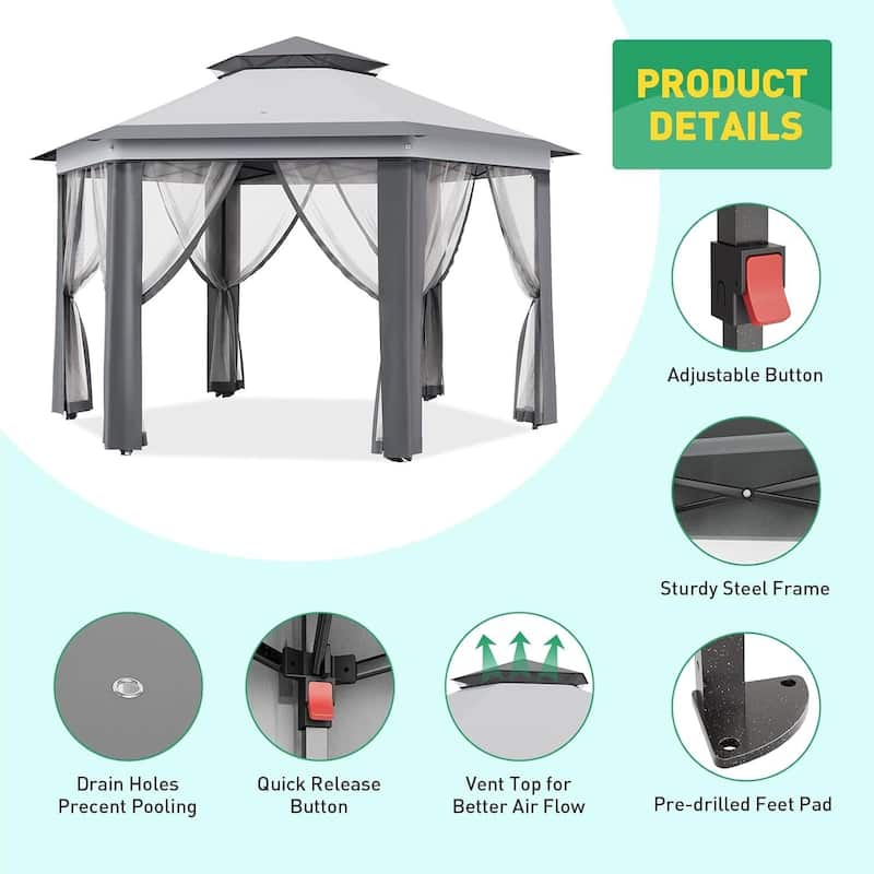 13' x 13' Hexagonal Pop Up Gazebo Canopy Shelter for Backyard, Garden, Lawn - 13' x 13'