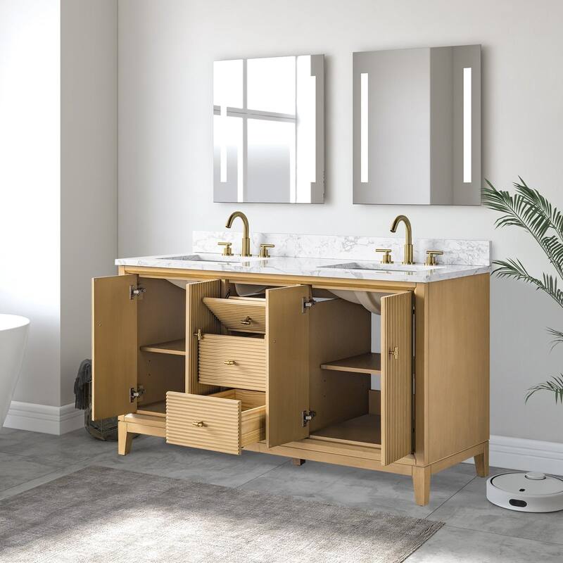 Vanity Art 60" Freestanding Bathroom Vanity with Engineered Marble Top and Sinks