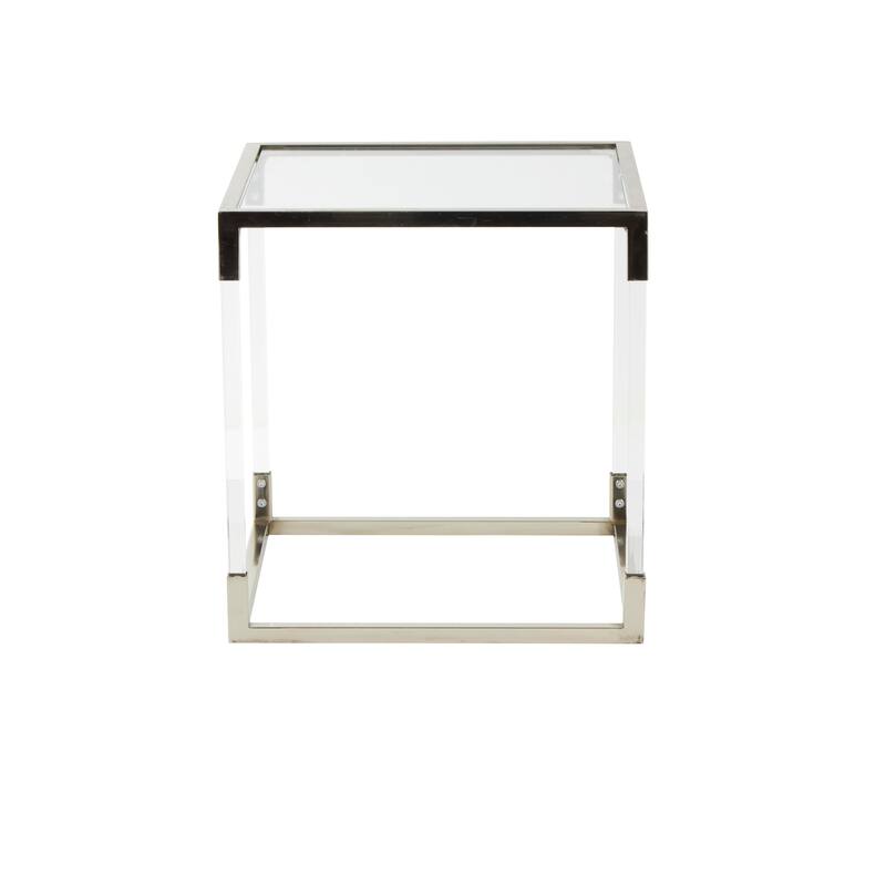 Silver Metal Cube Shaped Side End Accent Table with Clear Glass Top and Acrylic Legs