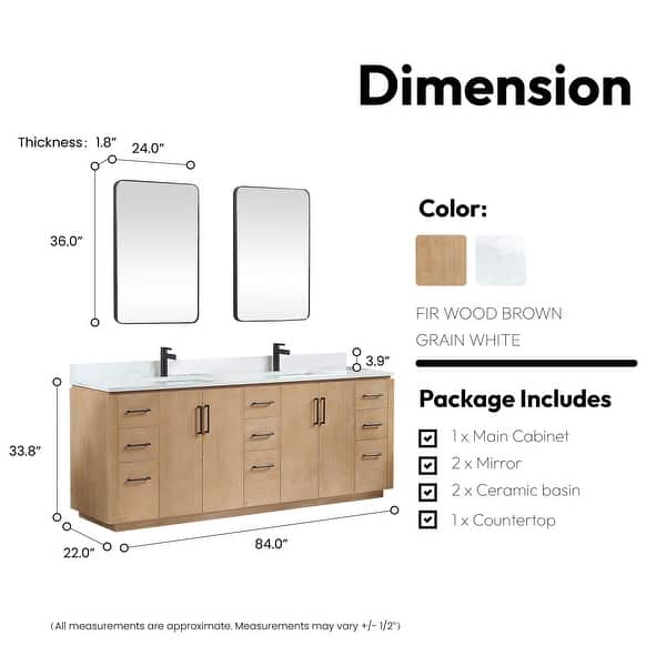 dimension image slide 4 of 10, San Double Bath Vanity with Composite Stone Top and Mirror