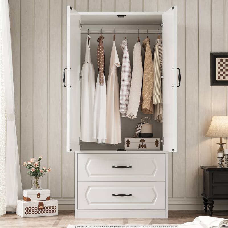 69" Wooden Armoire Wardrobe Closet with Drawers, Modern Bedroom Storage Cabinet with Hanging Rod