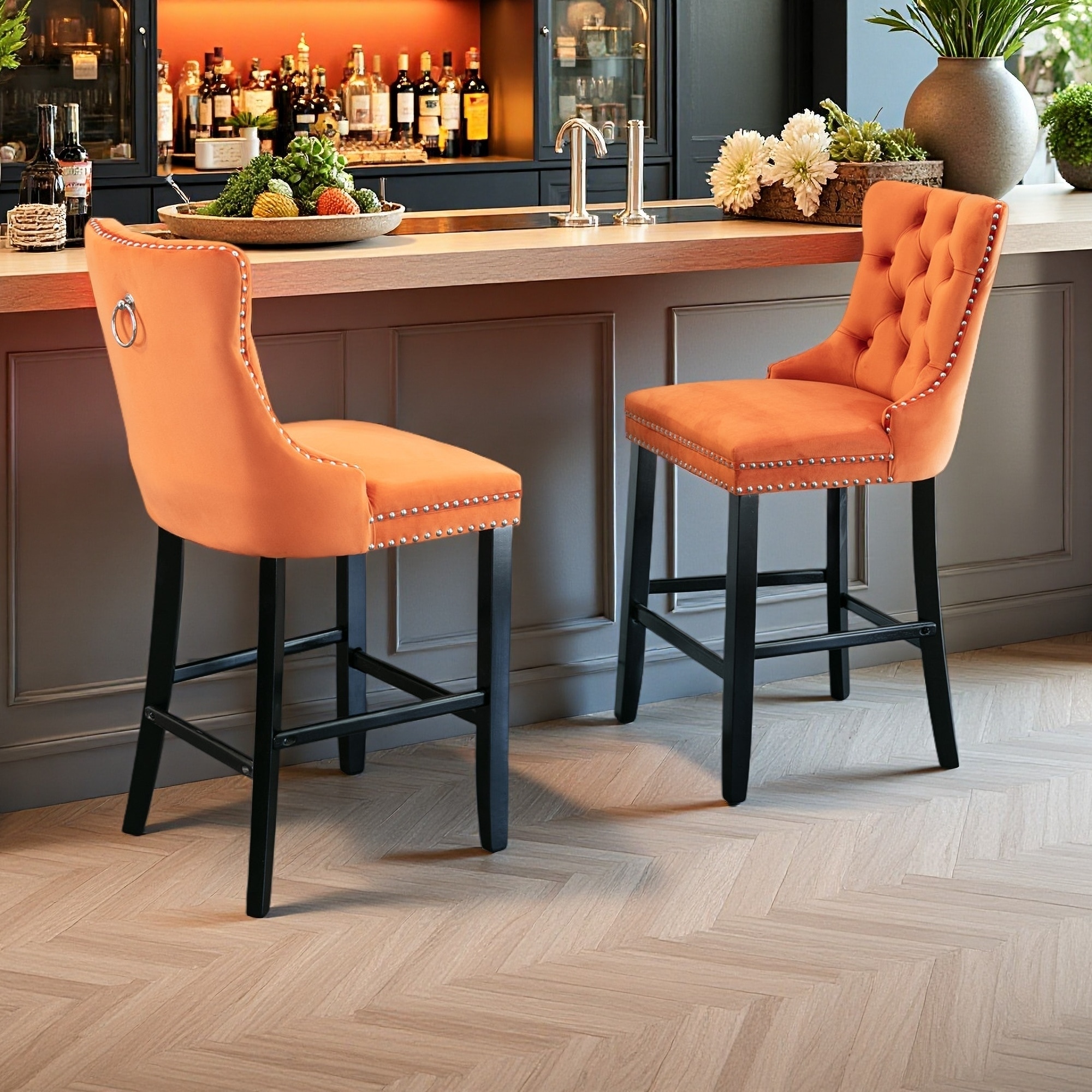 Velvet Button-Tufted Bar Stools Set of 2 with Wooden Legs and Nailhead Trim for Kitchen Island