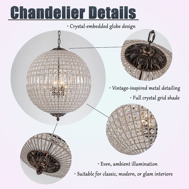 1/3/5-Light Vintage And Glam Antique Bronze Crystal Globe Chandelier Ornate Sphere Pendant Light