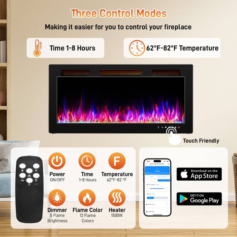 30/36/42/50/60 Inch Wall-Mounted/Built-in Electric Fireplace with WIFI Function and 12 Color Adjustable Flames
