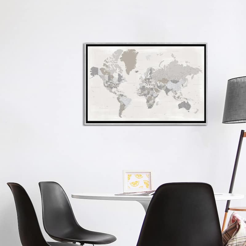 iCanvas "Highly Detailed World Map In Taupe, Donah" by blursbyai Framed