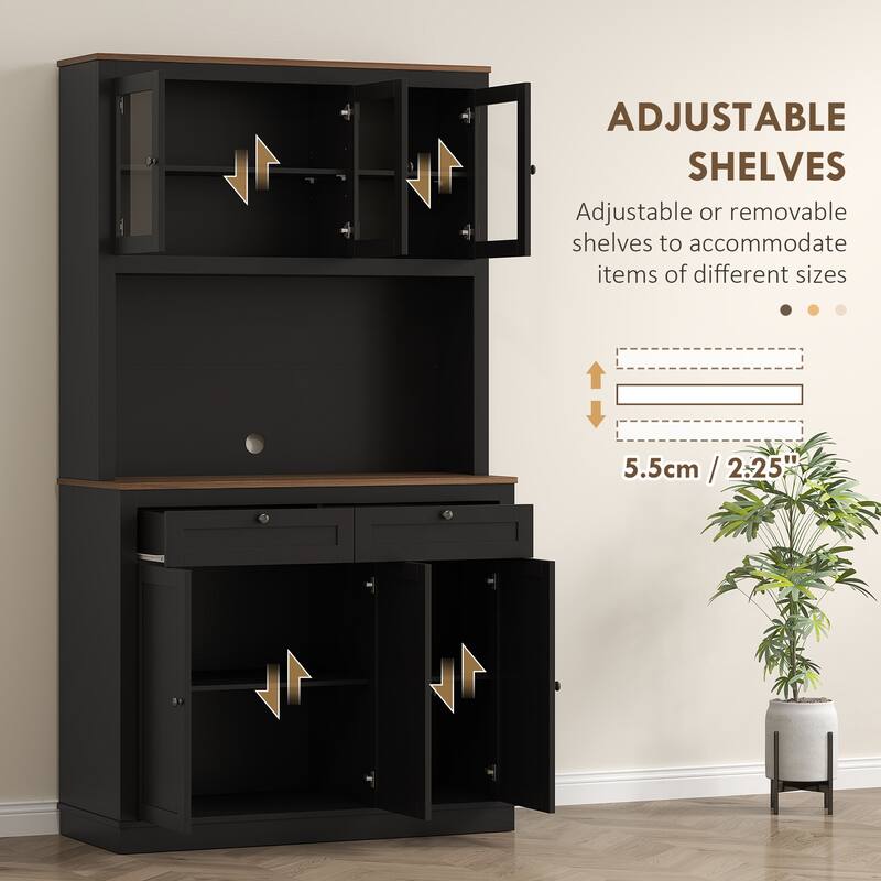 Tall Adjustable Shelves Kitchen Pantry Cabinet with Glass Doors and 8 Compartments 2 Drawers - 39.4" W x 15.7" D x 70.9" H