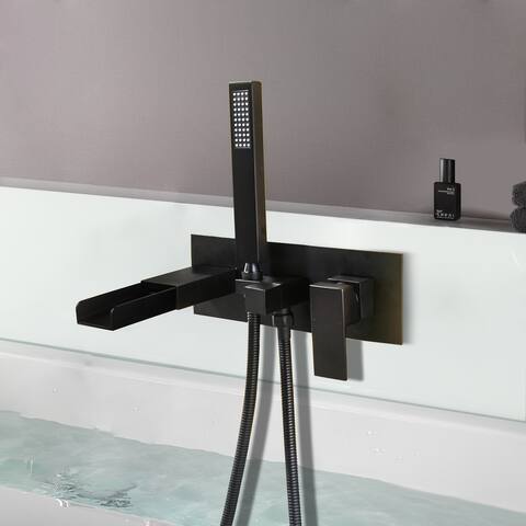 Wall Mounted Long Spout Roman Bathtub Faucet Black Single Handle with Shower