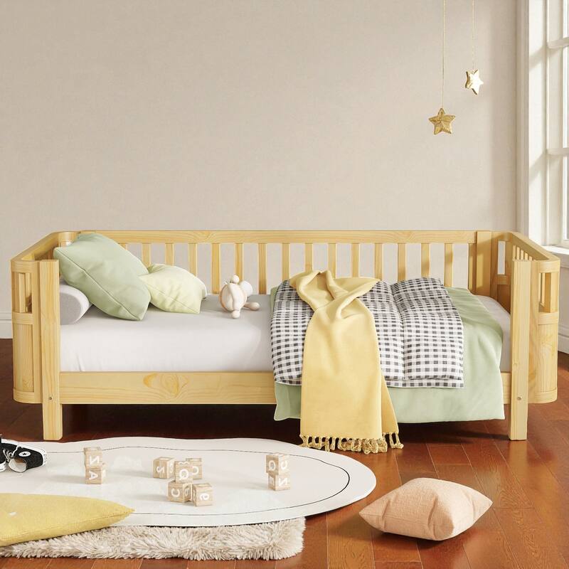 Wood Twin/Full Size Platform Bed with Safety Rails, Low Profile Kids Bed Frame for Girls and Boys