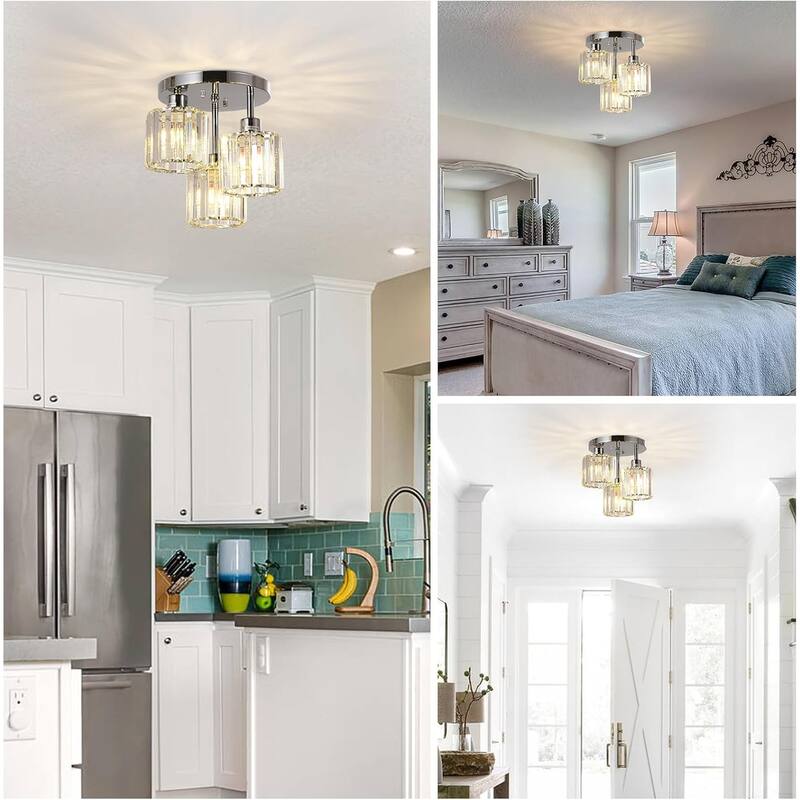 3-Light Semi Flush Mount Ceiling with Clear Crystal Shades