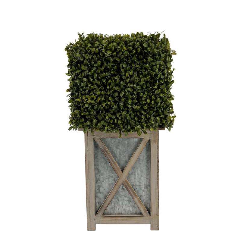Faux Boxwood Square Topiary in Crisscross Stout Wood/ Metal