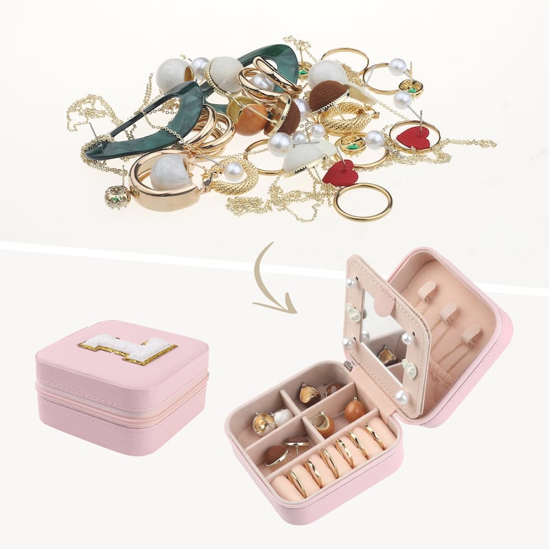 Travel Jewelry Box with Mirror for Women Girls Gifts, Mini Portable PU Leather Jewelry Organizer Case Storage Display Holder - L