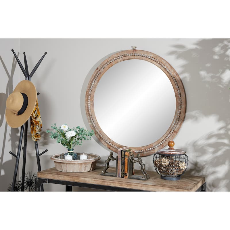 Contemporary Wood Distressed Wall Mirror with Beaded Detailing - Brown or White - Light Brown - 36"W, 36"H