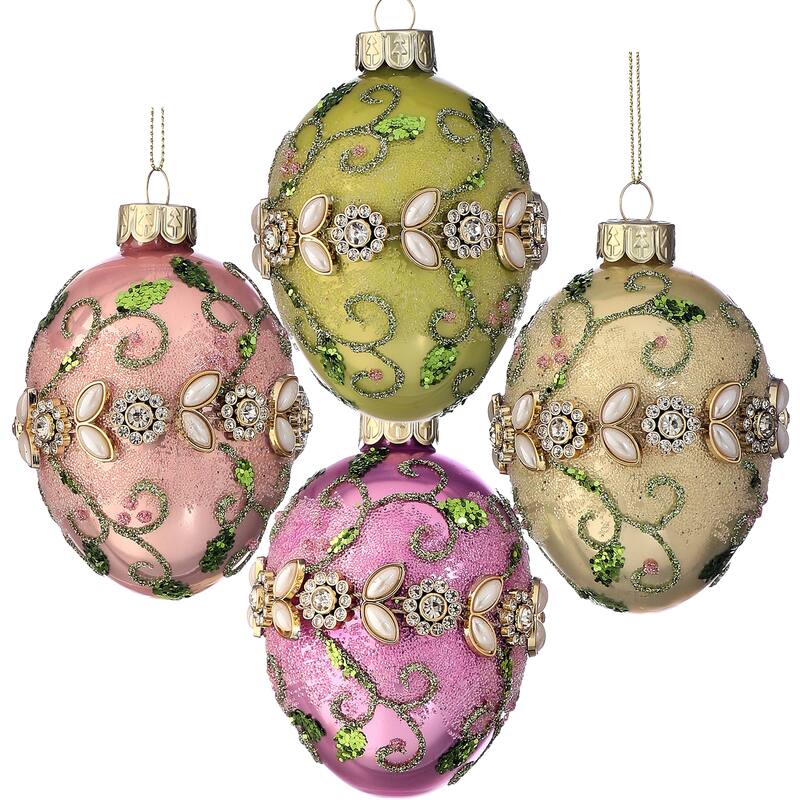 2.5"Glass Jewel Fleurette Egg Ornament Box of 4