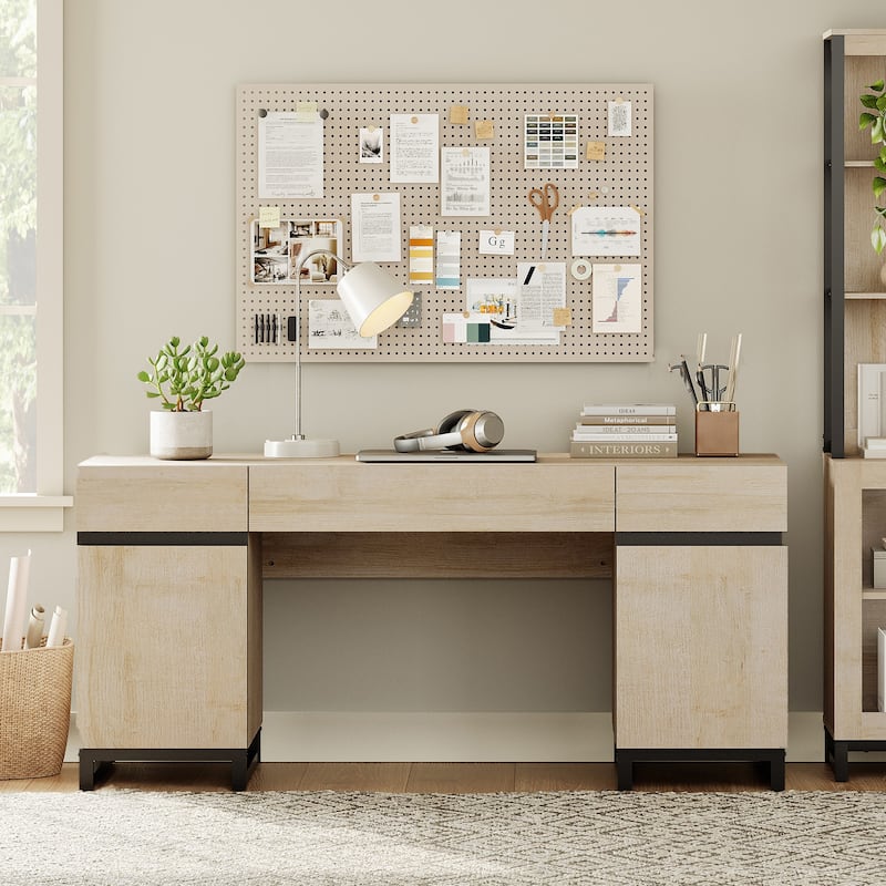 WAMPAT 59" Executive Desk with Charging Station & Storage Cabinet + 72" Tall Bookcase with 6 Drawers.