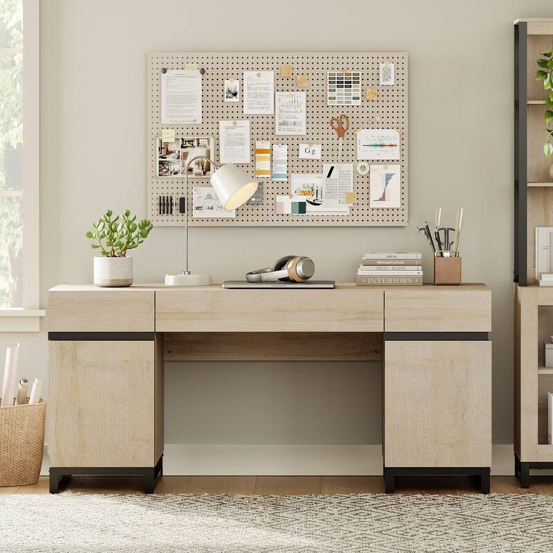 WAMPAT 59" Modern Executive Desk with Charging Station & Storage Cabinet + 72" Tall Bookcases.