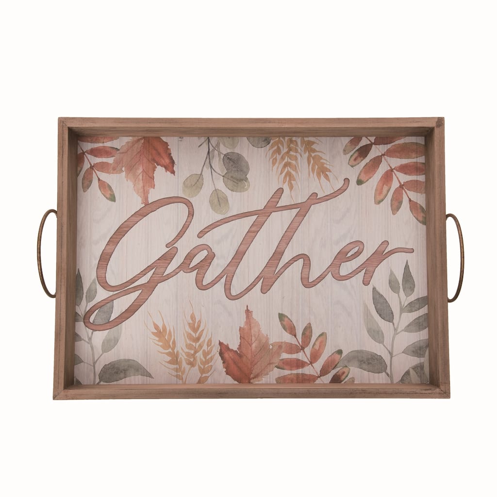 Transpac Wood 19 in. Multicolor Autumn Gather Leaves Elegance Tray
