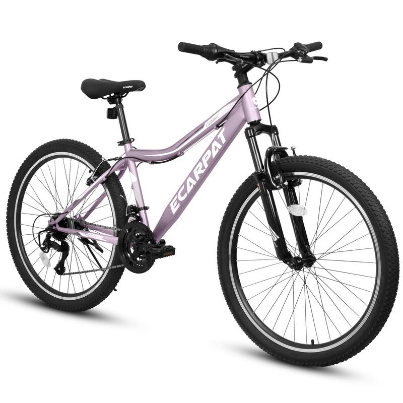 Mountain Bike High-Density Carbon Steel Frame, 21 Speed Road Bicycle with Front Suspension, Dual V-Brakes, 80% Pre-Assembled - Purple