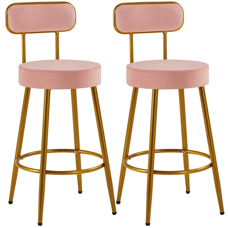 Yaheetech 2pcs Velvet Bar Stools With Gold Legs Counter-height Bar Stools with Backrest and Footrest - Pink