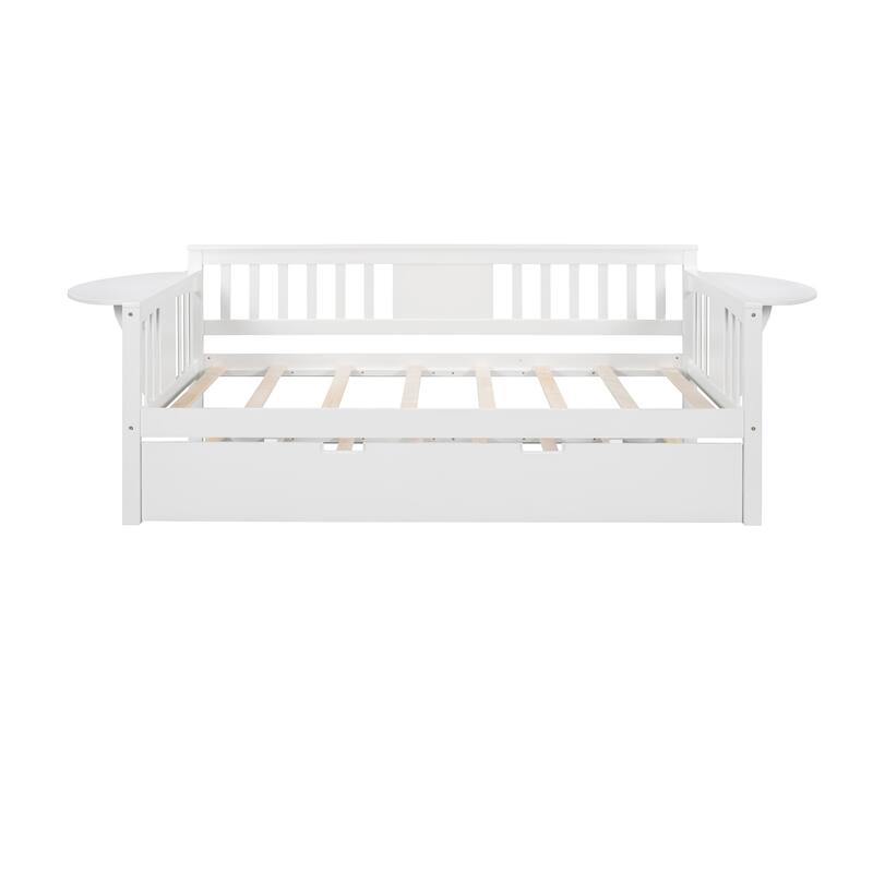 Twin/Full Size Daybed with Trundle Bed, Wooden Sofa Bed for Kids' Rooms and Guest Rooms, Sturdy Pine Wood Frame
