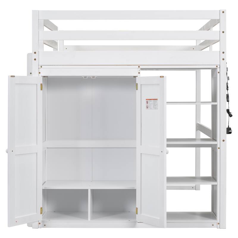 Full Size Loft Bed with Wardrobe, Storage Shelves, and LED Light in White