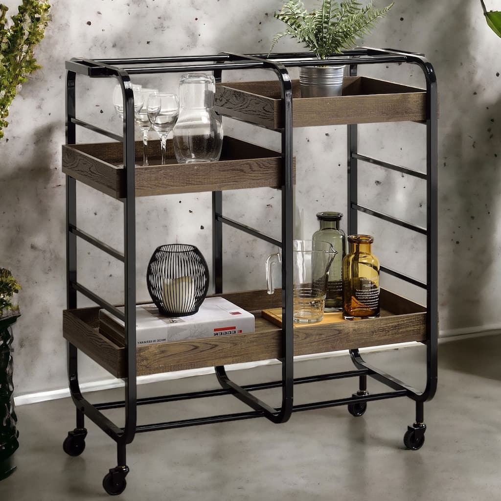 "Modern Serving Cart with 3 Adjustable Wooden Trays, Black & Walnut Finish, Metal Open Frame, Rolling Casters"