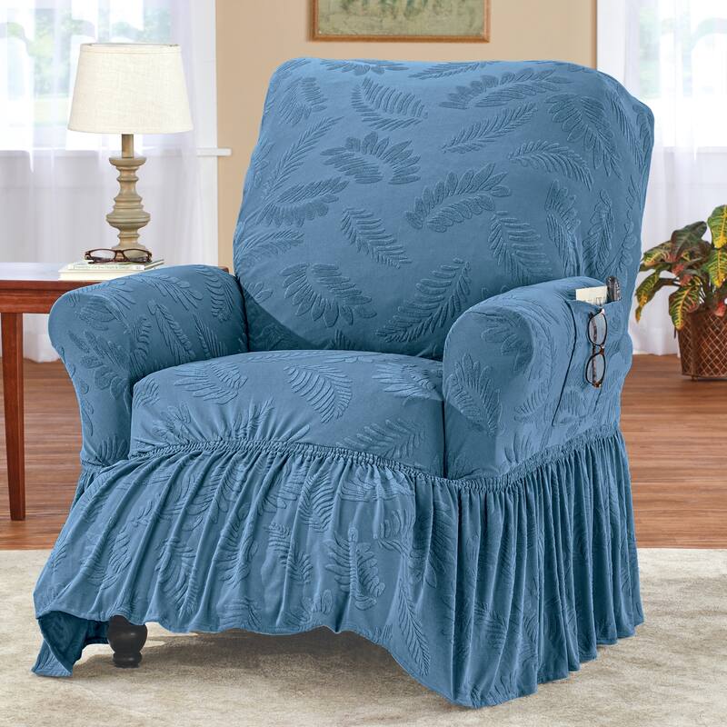 Leaf Design Ruffle Border Stretch Furniture Cover - Recliner - Blue
