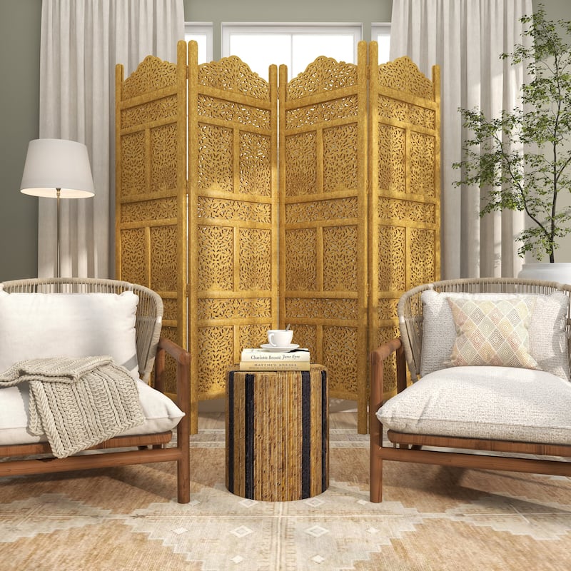Gold Wooden Handmade Foldable Partition 4 Panel Floral Partition Room Divider Screen with Carved Designs