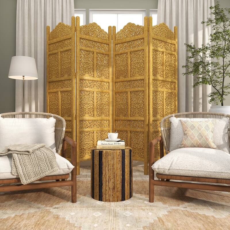 Wooden Floral Handmade Foldable 4 Panel Room Divider Screen with Foiled Intricately Carved Designs - Gold - Roche River Decor