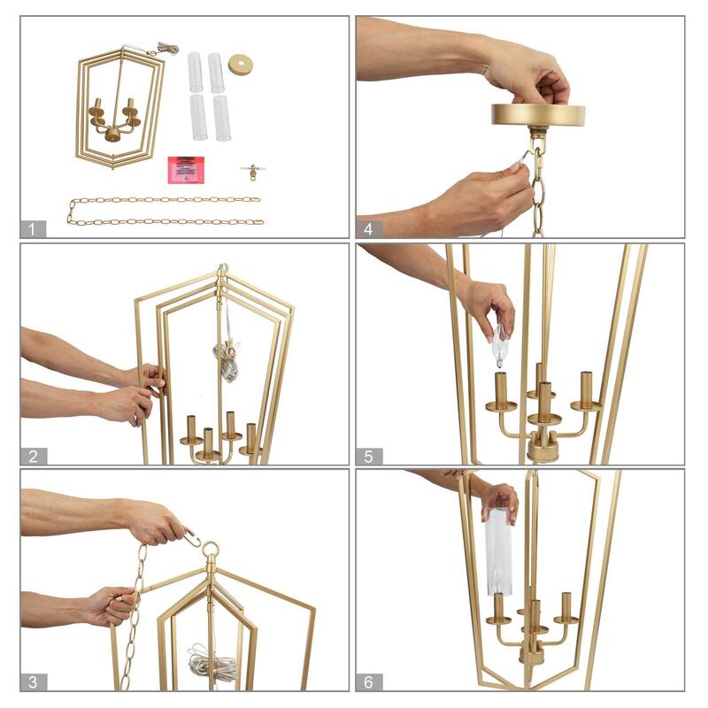 Mid-Century Modern 4-Light Gold Geometric Chandelier Glass Pendant Lights for Dining Room - 16.5" D x 27" H